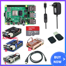 Charger l'image dans la galerie, Original Raspberry Pi 4 Model B Kit + Aluminum Case + Heat Sink + 3A Switch Power + Micro HDMI Option 64 32GB SD Card |Reader