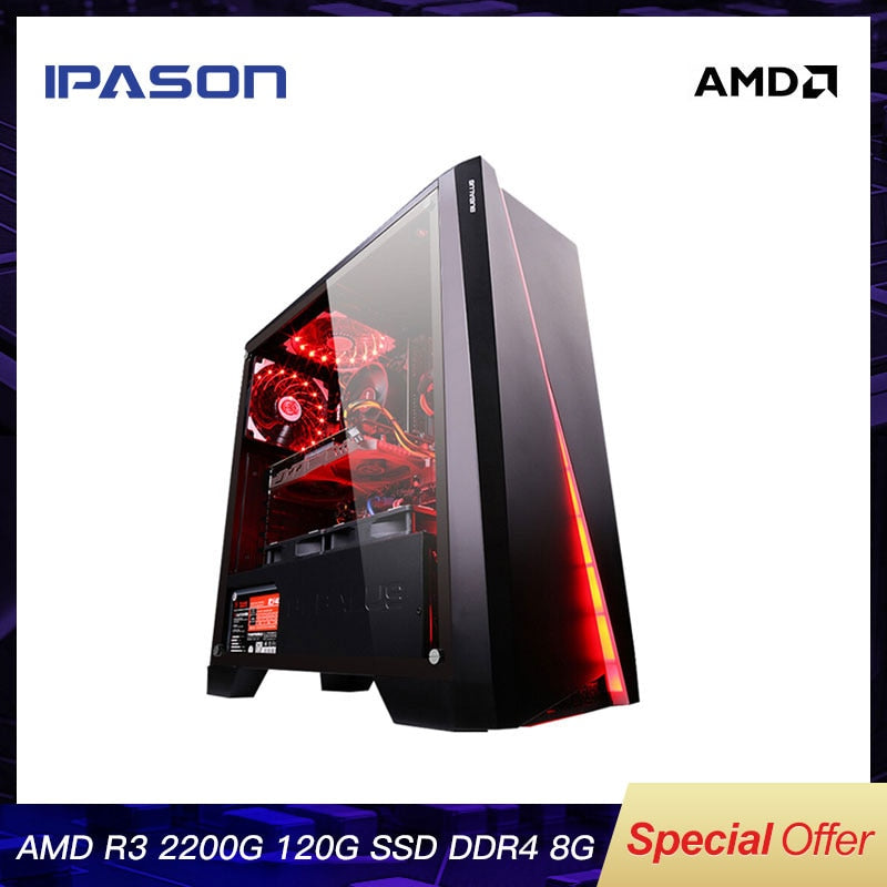 IPASON CHEAP Gaming PC Quad-Core AMD Ryzen3 2200G/DDR4 8G RAM/120G SSD/1T+240G  SSD Desktop Gaming Computers
