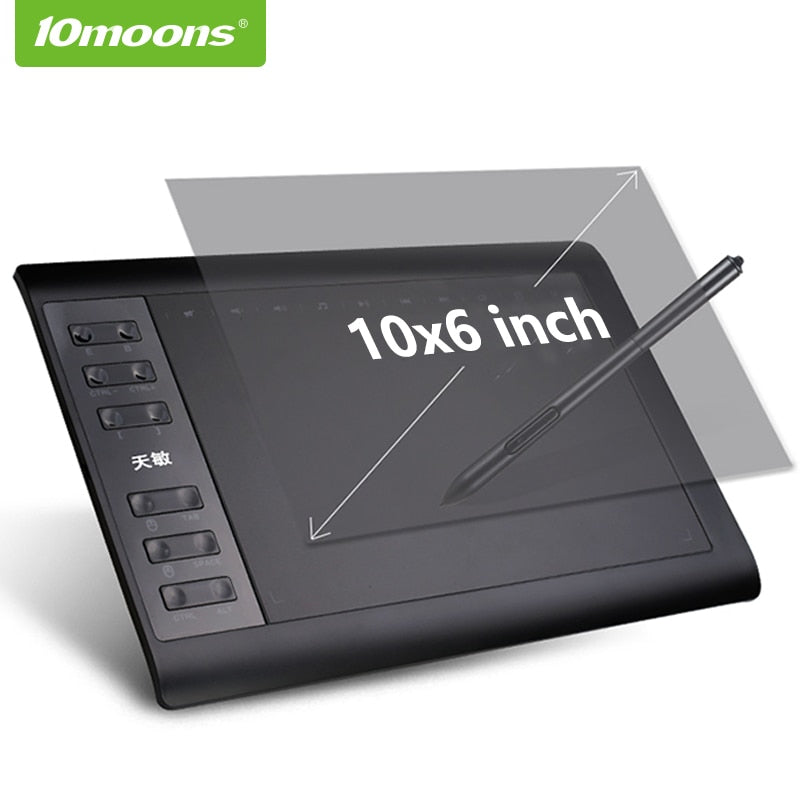 10moons 10x6 Inch Graphic Drawing Tablet  8192 Levels  Digital Tablet  No need charge Pen