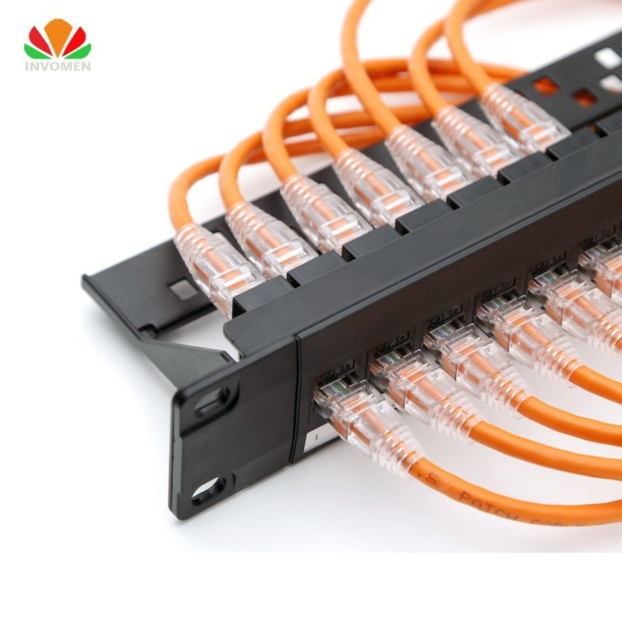 19inch 1U Cabinet Rack Pass-through 24 Port CAT6 Patch Panel RJ45 Network Cable Adapter Keystone Jack Modular Distribution Frame