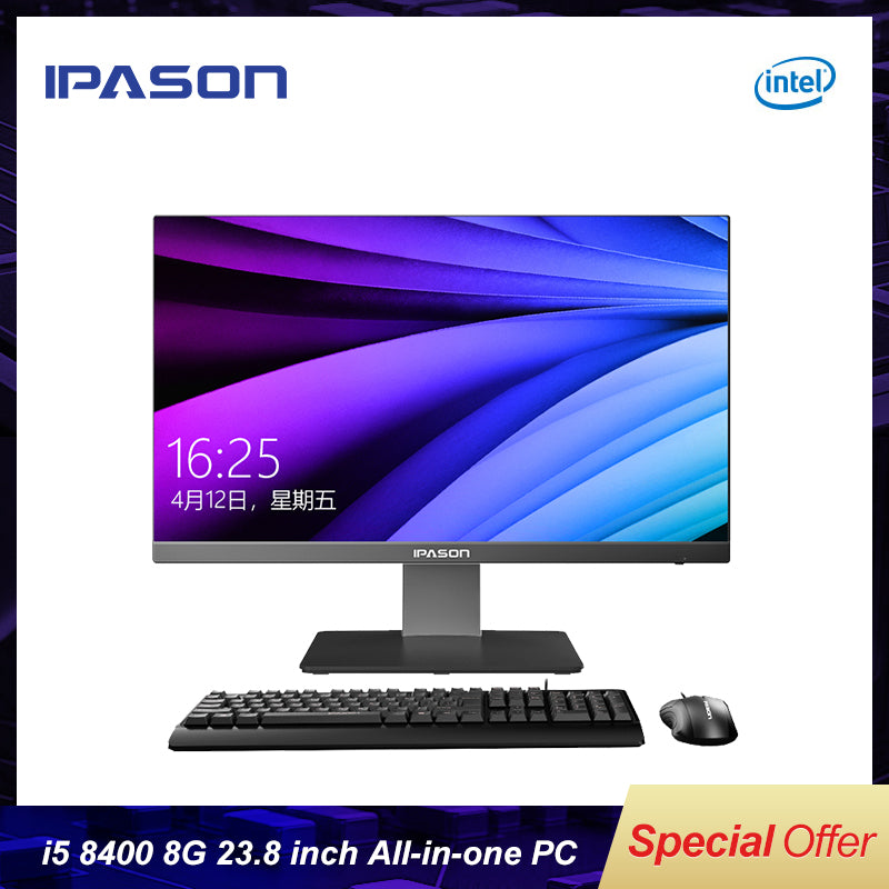 IPASON all in one computer 23.8 inch office desktop /9th Gen i5-9400 8G RAM 480GSSD/WiFi/wireless mouse and keyboard/business PC
